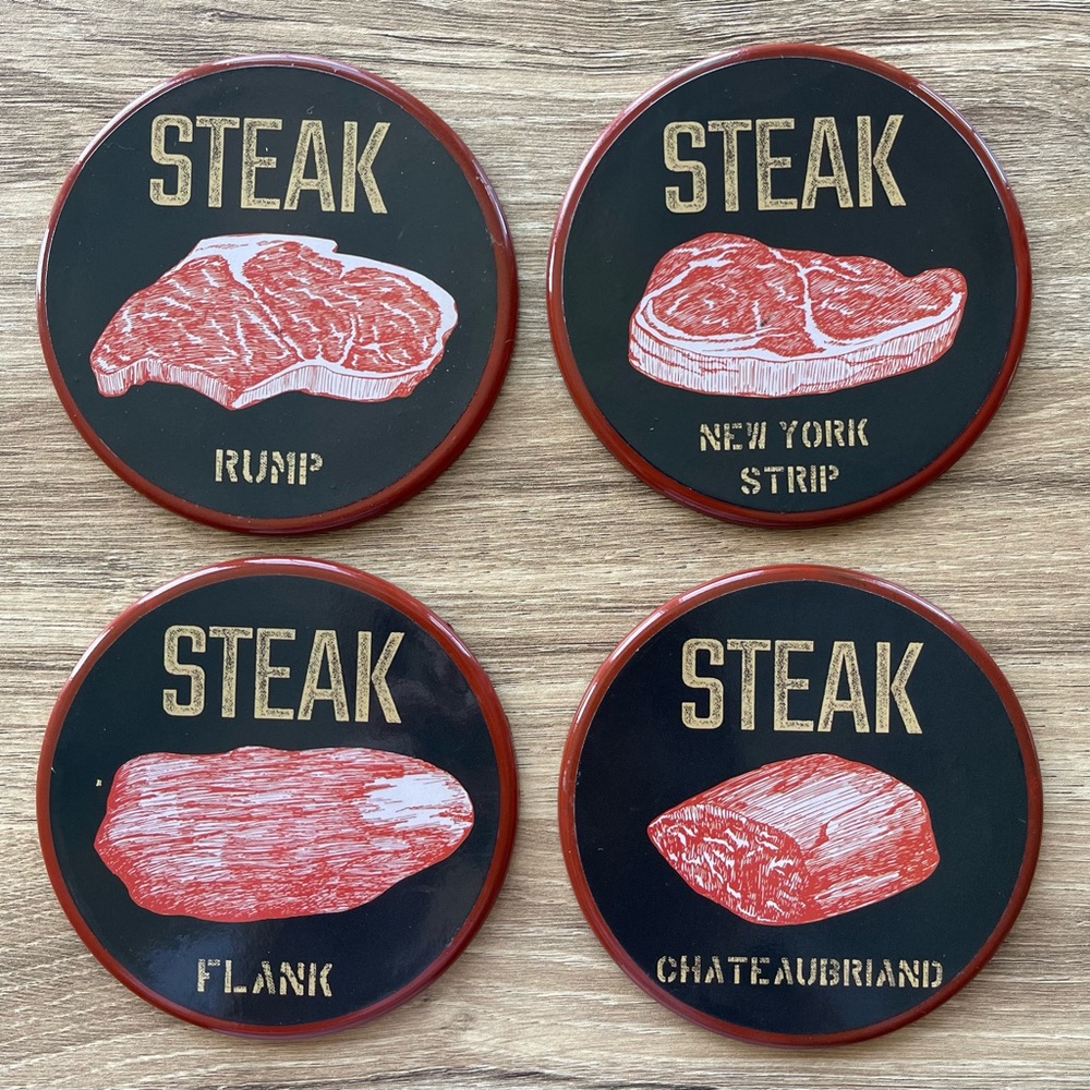 NEW Set of 4 Pfaltzgraff Novelty Steak Drink Bar 4” Beer Coasters Man Cave Meat